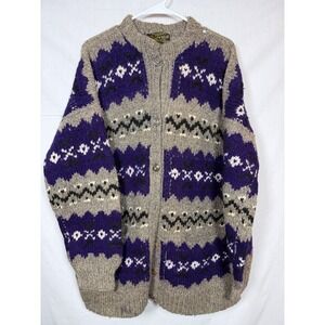 Vintage Rey Wear XL Hand Knit Wool Cardigan Gray Purple Fair Isle Nordic Ecuador